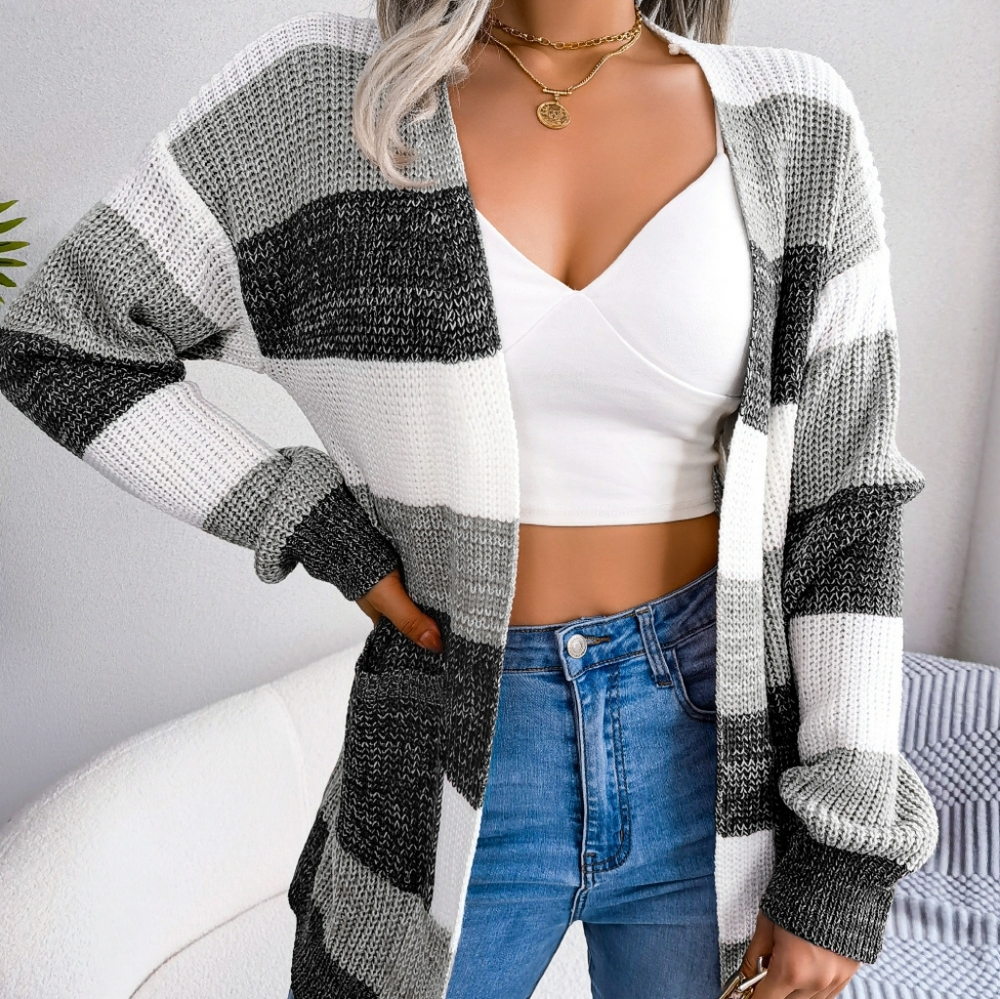 Striped Rib-Knit Open Front Longline Cardigan